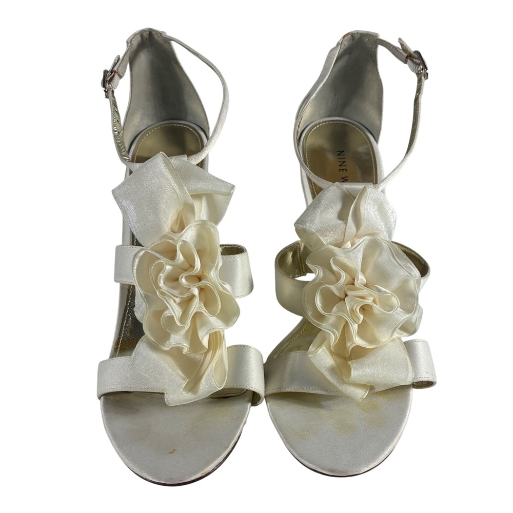 Nine West Womens Ivory Satin Floral Ruffle Stiletto Sandals JWOWX3 Size 11 M